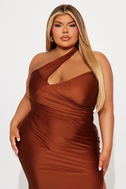 Elegant Mermaid Asymmetrical Sleeveless Ruched Slit Rust Maxi Evening Dresses Women