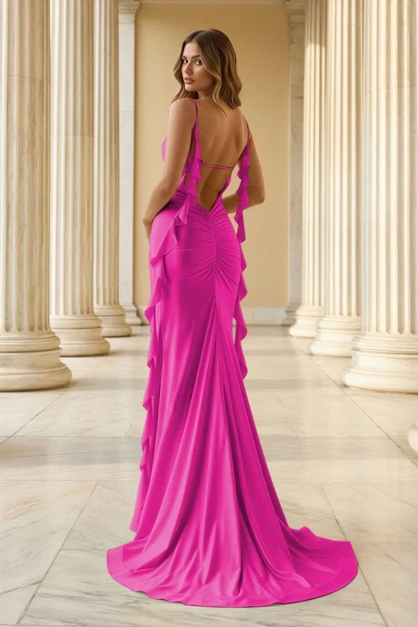 Elegant Mermaid Deep V-Neck Sleeveless Open Back Floor-Length Ruffled High Slit Satin Evening Dresses