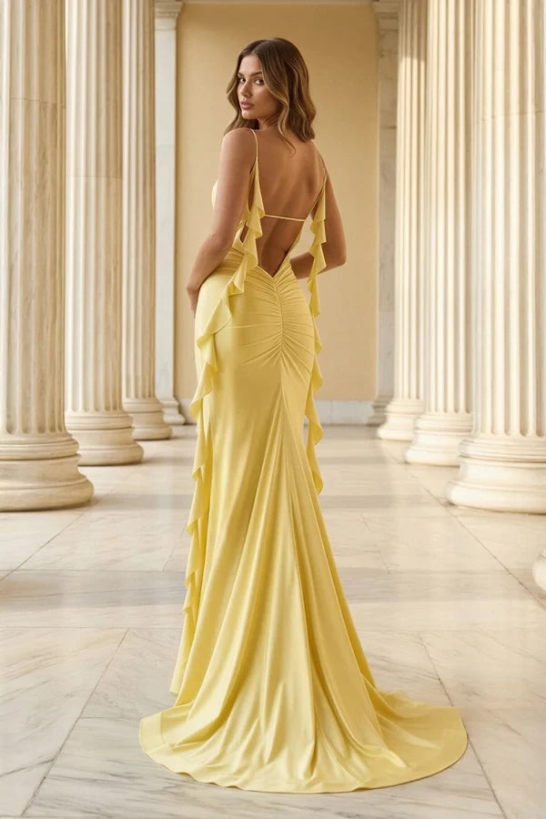 Elegant Mermaid Deep V-Neck Sleeveless Open Back Floor-Length Ruffled High Slit Satin Evening Dresses
