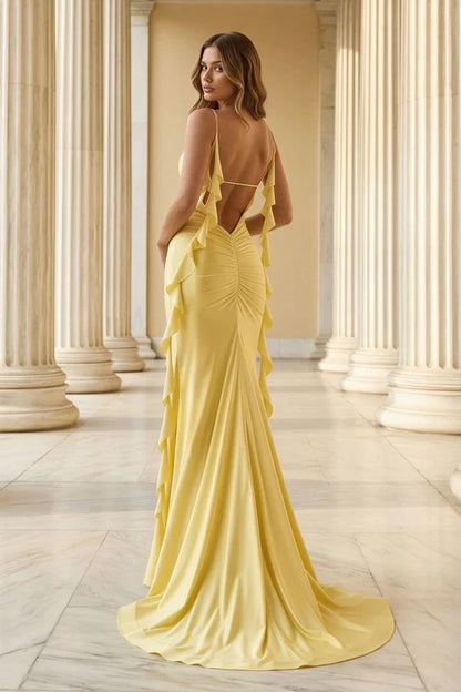 Elegant Mermaid Deep V-Neck Sleeveless Open Back Floor-Length Ruffled High Slit Satin Evening Dresses