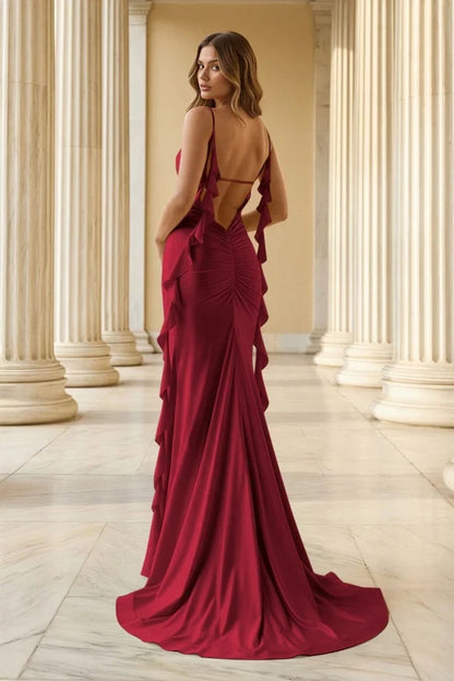 Elegant Mermaid Deep V-Neck Sleeveless Open Back Floor-Length Ruffled High Slit Satin Evening Dresses