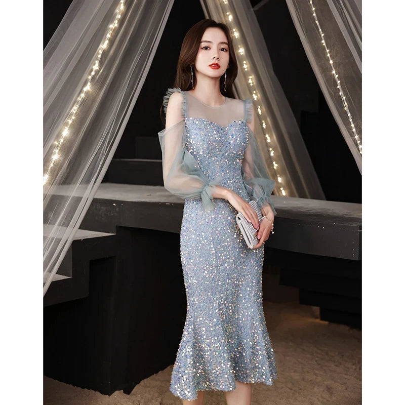 Elegant Mermaid Illusion Sleeved Sequin Flared Blue Midi Evening Dresses Women