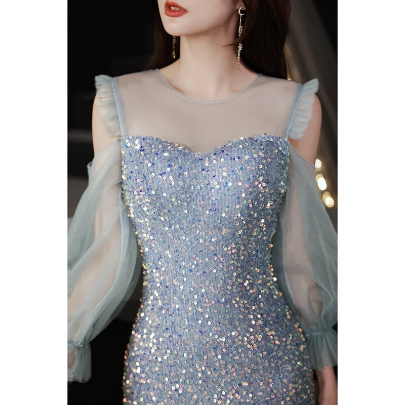 Elegant Mermaid Illusion Sleeved Sequin Flared Blue Midi Evening Dresses Women