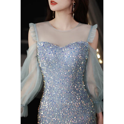 Elegant Mermaid Illusion Sleeved Sequin Flared Blue Midi Evening Dresses Women