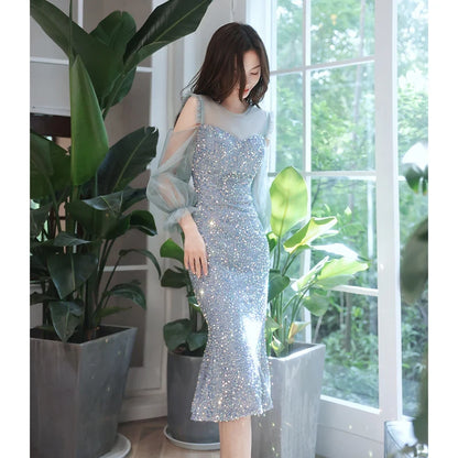 Elegant Mermaid Illusion Sleeved Sequin Flared Blue Midi Evening Dresses Women