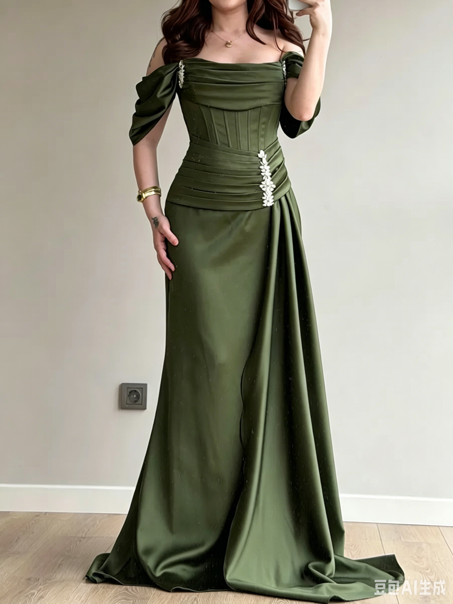Elegant Mermaid Off-Shoulder Draped Embellished Olive Green Floor-Length Evening Dresses