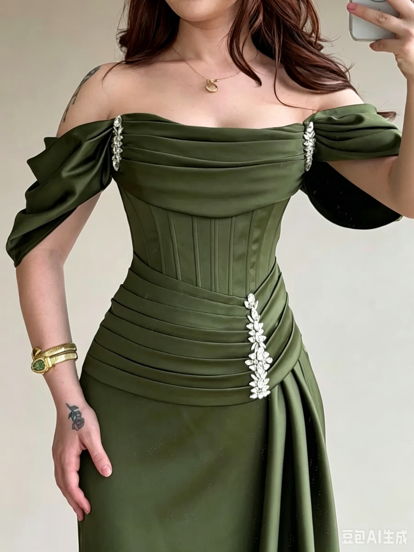 Elegant Mermaid Off-Shoulder Draped Embellished Olive Green Floor-Length Evening Dresses