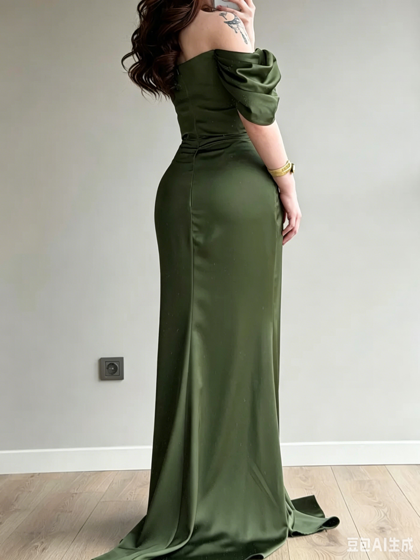 Elegant Mermaid Off-Shoulder Draped Embellished Olive Green Floor-Length Evening Dresses