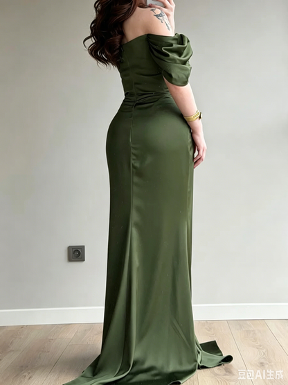 Elegant Mermaid Off-Shoulder Draped Embellished Olive Green Floor-Length Evening Dresses