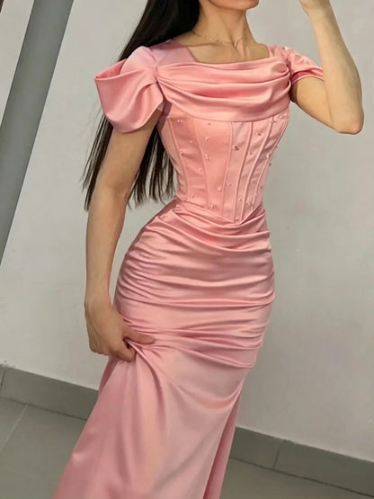 Elegant Mermaid Off-Shoulder Draped Ruched Pink Floor-Length Evening Dresses