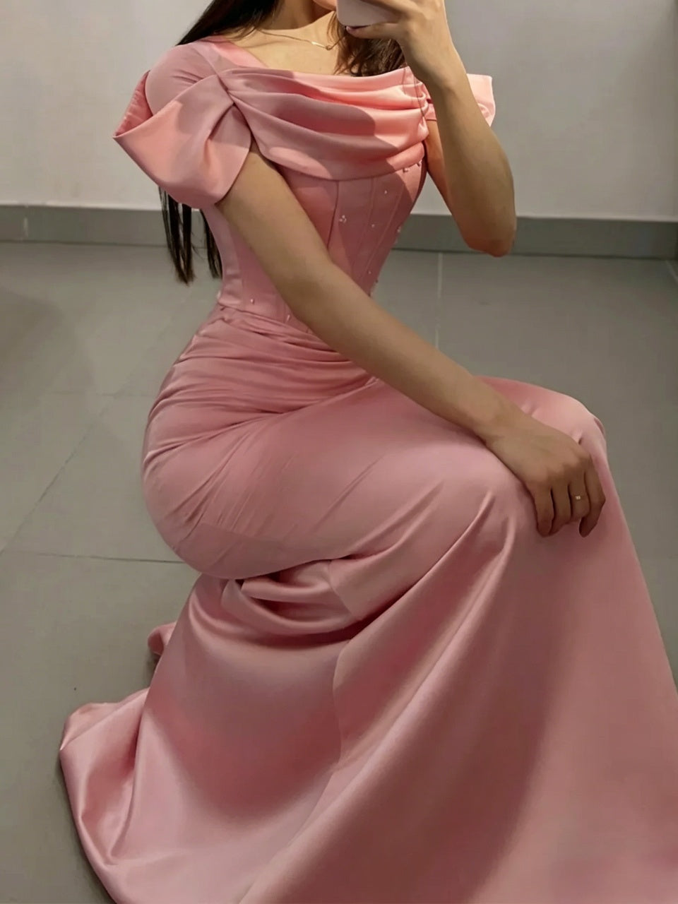 Elegant Mermaid Off-Shoulder Draped Ruched Pink Floor-Length Evening Dresses