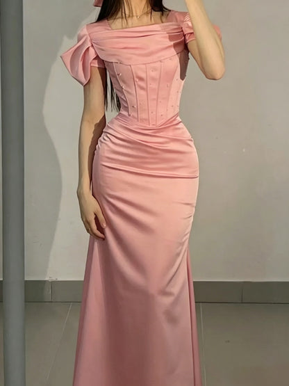 Elegant Mermaid Off-Shoulder Draped Ruched Pink Floor-Length Evening Dresses