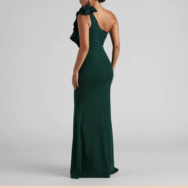 Elegant Mermaid One-Shoulder Sleeveless Ruffle Formal Green Long Evening Dresses Women