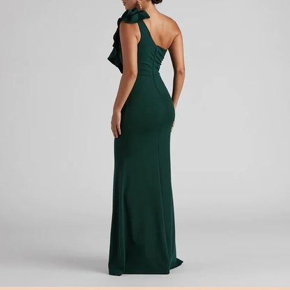 Elegant Mermaid One-Shoulder Sleeveless Ruffle Formal Green Long Evening Dresses Women