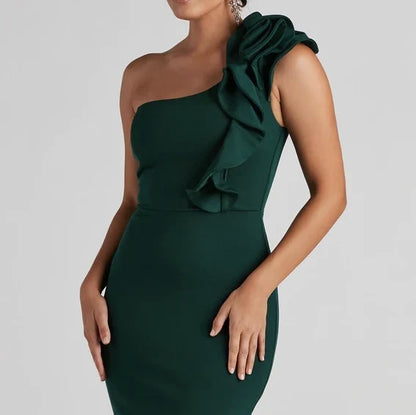 Elegant Mermaid One-Shoulder Sleeveless Ruffle Formal Green Long Evening Dresses Women