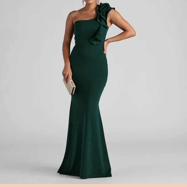 Elegant Mermaid One-Shoulder Sleeveless Ruffle Formal Green Long Evening Dresses Women
