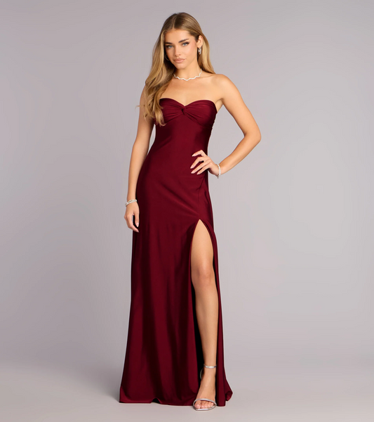 Elegant Mermaid Strapless Neck Sleeveless Bow Back Slit Floor Length Evening Dress