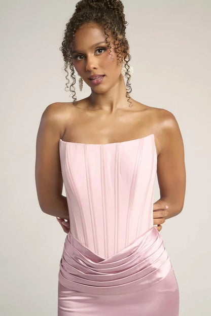 Elegant Mermaid Strapless Sleeveless Corset Draped Pink Long Prom Dresses Women