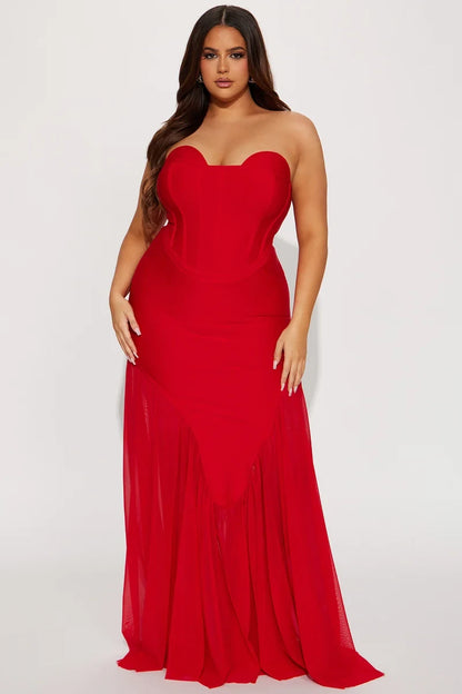 Elegant Mermaid Sweetheart Strapless Corset Flared Red Maxi Evening Dresses Women