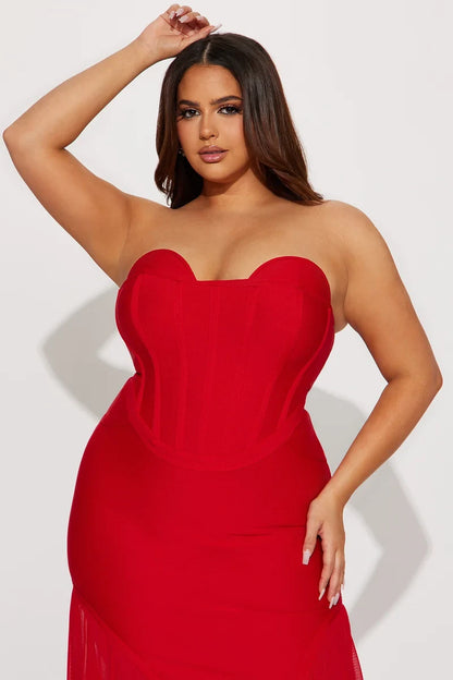 Elegant Mermaid Sweetheart Strapless Corset Flared Red Maxi Evening Dresses Women