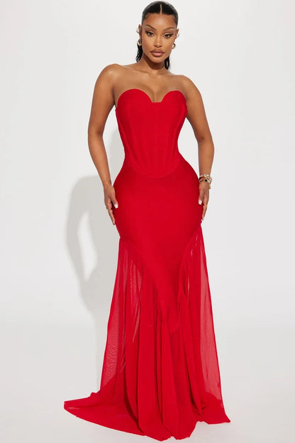 Elegant Mermaid Sweetheart Strapless Corset Flared Red Maxi Evening Dresses Women