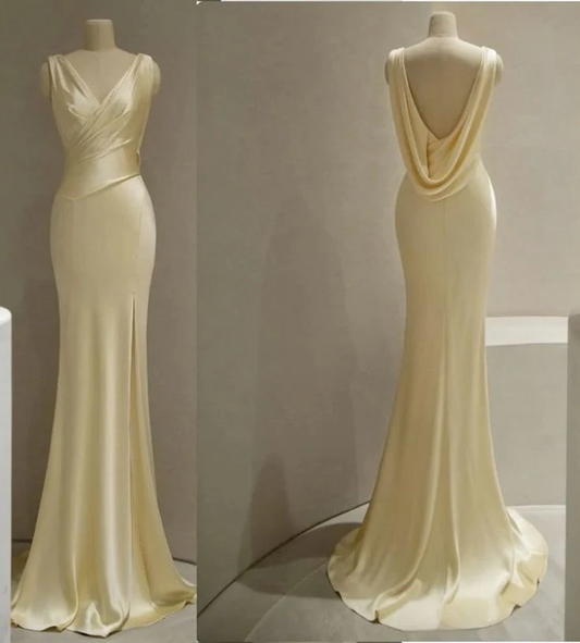 Elegant Mermaid V-Neck Sleeveless Cowl Back Floor Length Satin Prom Dress