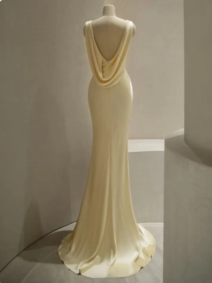 Lustrous Satin Mermaid V-Neck Cowl Back Floor Length Prom Dress