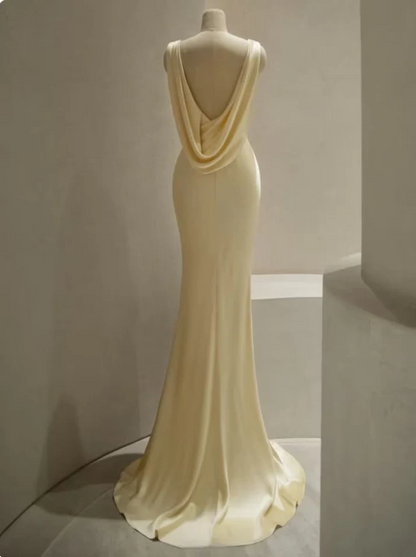 Lustrous Satin Mermaid V-Neck Cowl Back Floor Length Prom Dress