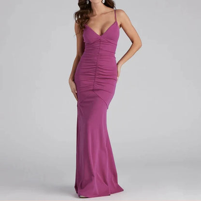 Elegant Mermaid V-Neck Sleeveless Ruched Magenta Maxi Evening Dresses Women Gown