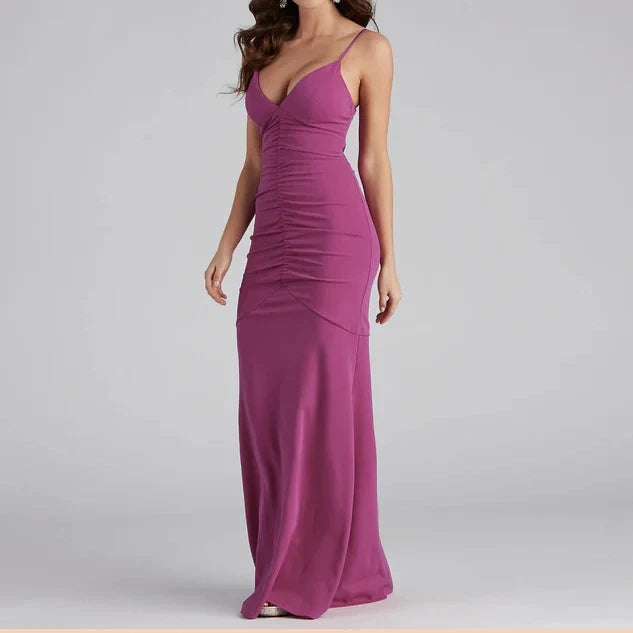 Elegant Mermaid V-Neck Sleeveless Ruched Magenta Maxi Evening Dresses Women Gown