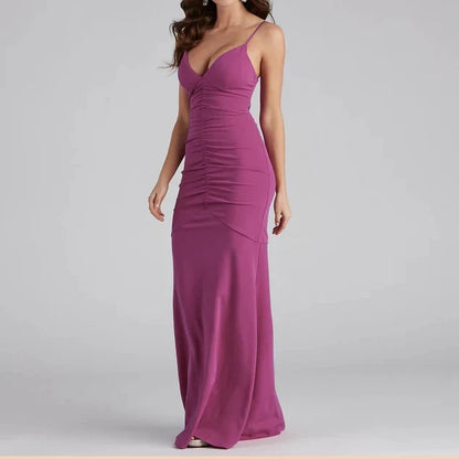 Elegant Mermaid V-Neck Sleeveless Ruched Magenta Maxi Evening Dresses Women Gown
