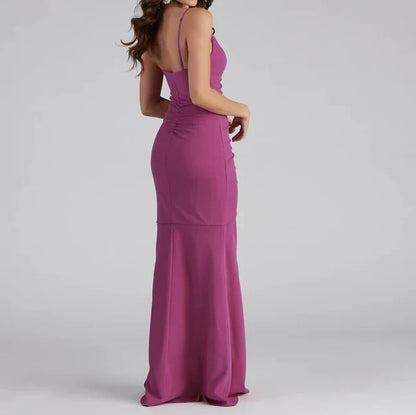 Elegant Mermaid V-Neck Sleeveless Ruched Magenta Maxi Evening Dresses Women Gown