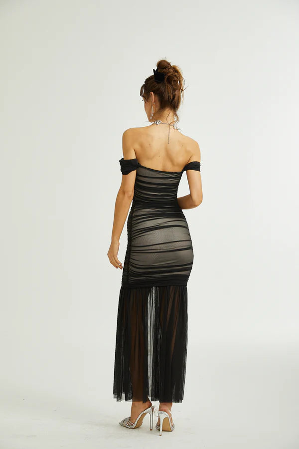 Elegant Ruched Mesh Bodycon Off-Shoulder Short Sleeve Straight Back Maxi Evening Dresses