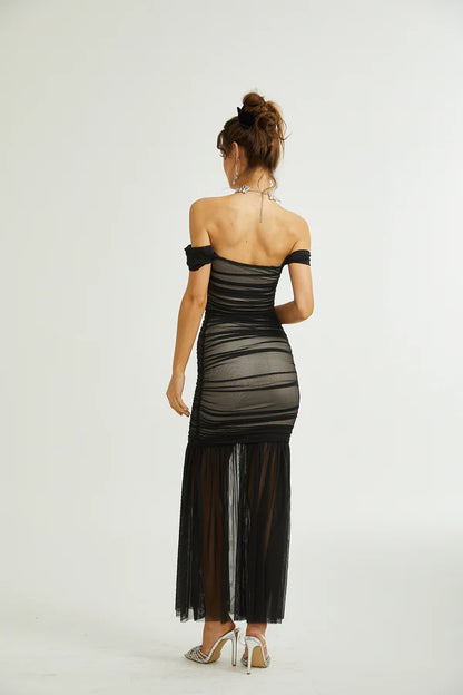 Elegant Ruched Mesh Bodycon Off-Shoulder Short Sleeve Straight Back Maxi Evening Dresses