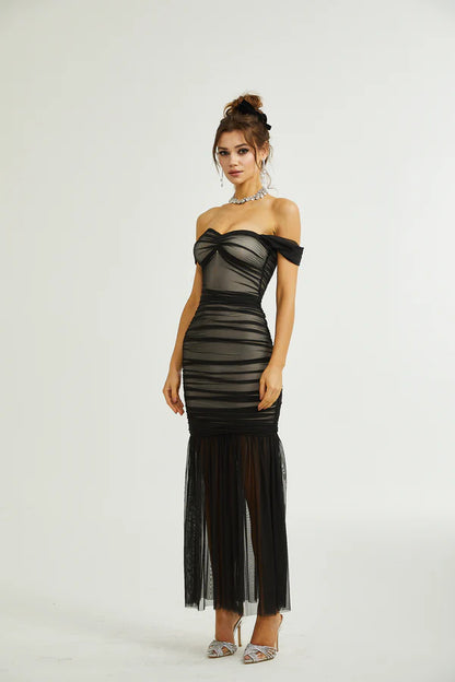 Elegant Ruched Mesh Bodycon Off-Shoulder Short Sleeve Straight Back Maxi Evening Dresses