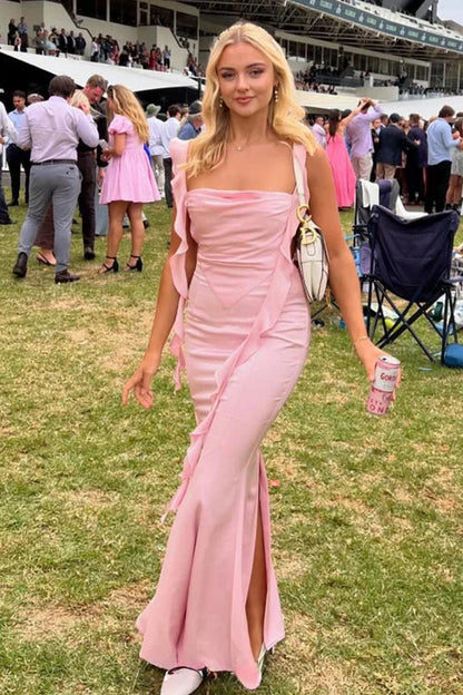 Elegant Ruffled Strap Cowl Neck Sleeveless Open Back Floor-Length Sheath Mermaid Evening Dresses