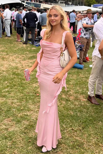 Elegant Ruffled Strap Cowl Neck Sleeveless Open Back Floor-Length Sheath Mermaid Evening Dresses
