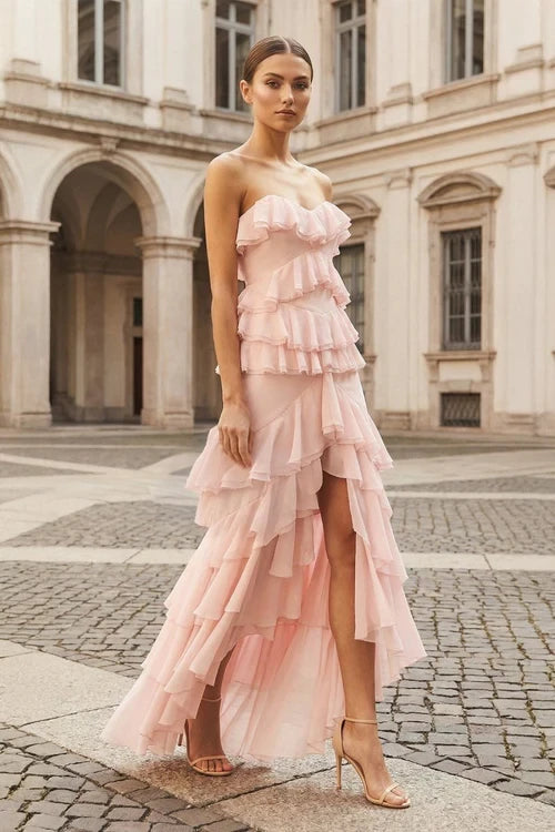 Elegant Ruffled Tiered Sheath Strapless Sleeveless Open Back High-Low Floor-Length Evening Dresses