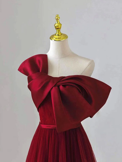 Elegant Satin Tulle A-Line One-Shoulder Bow Floor Length Prom Dress