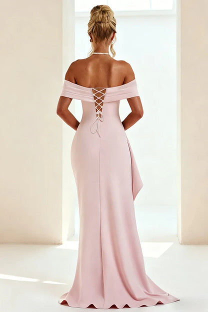 Elegant Satin Sheath Off-the-Shoulder Lace-Up Back Floor-Length High Slit Evening Dresses