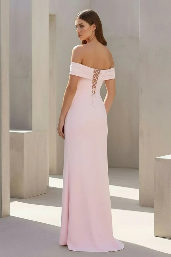 Elegant Satin Sheath Off-the-Shoulder Lace-Up Back Floor-Length High Slit Evening Dresses