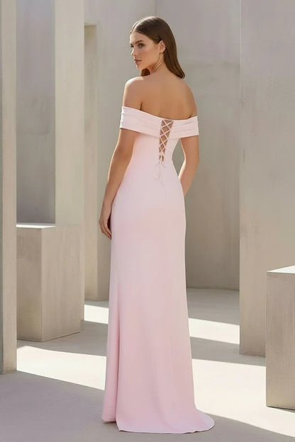 Elegant Satin Sheath Off-the-Shoulder Lace-Up Back Floor-Length High Slit Evening Dresses
