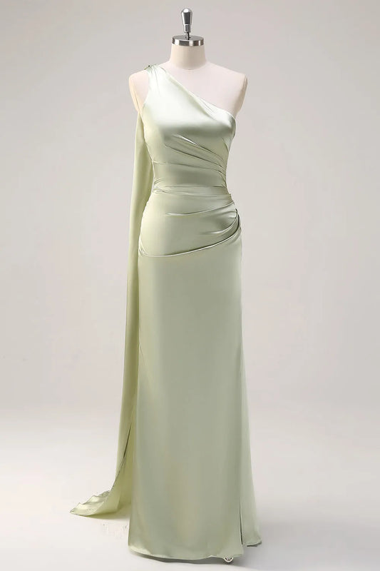 Elegant Satin Sheath One-Shoulder Ruched Detail Draped Sash Zipper Back Floor-Length Formal Evening Dresses