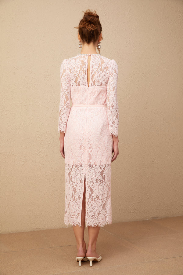 Elegant Sheath Jewel Neck Long Sleeve Keyhole Back Midi Lace Evening Dresses