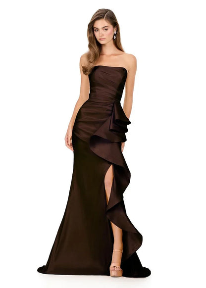 Elegant Sheath Strapless Sleeveless Ruffled Slit Chocolate Long Prom Dresses Women