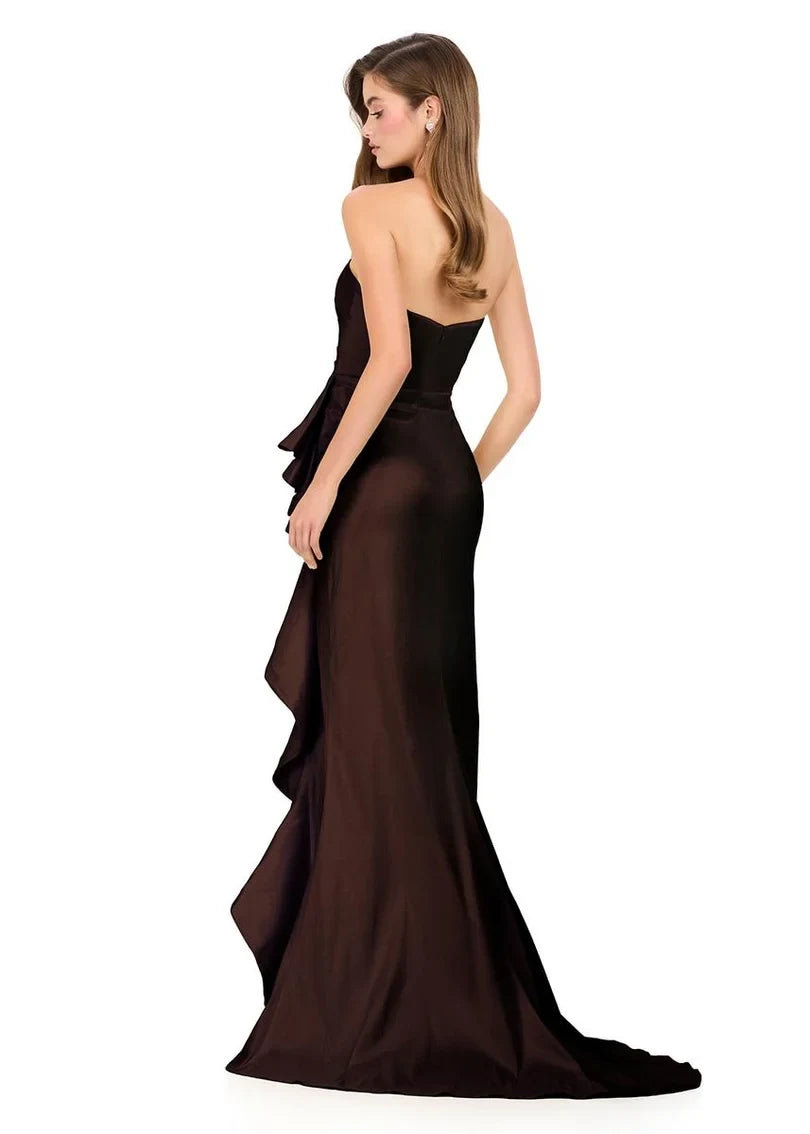 Elegant Sheath Strapless Sleeveless Ruffled Slit Chocolate Long Prom Dresses Women