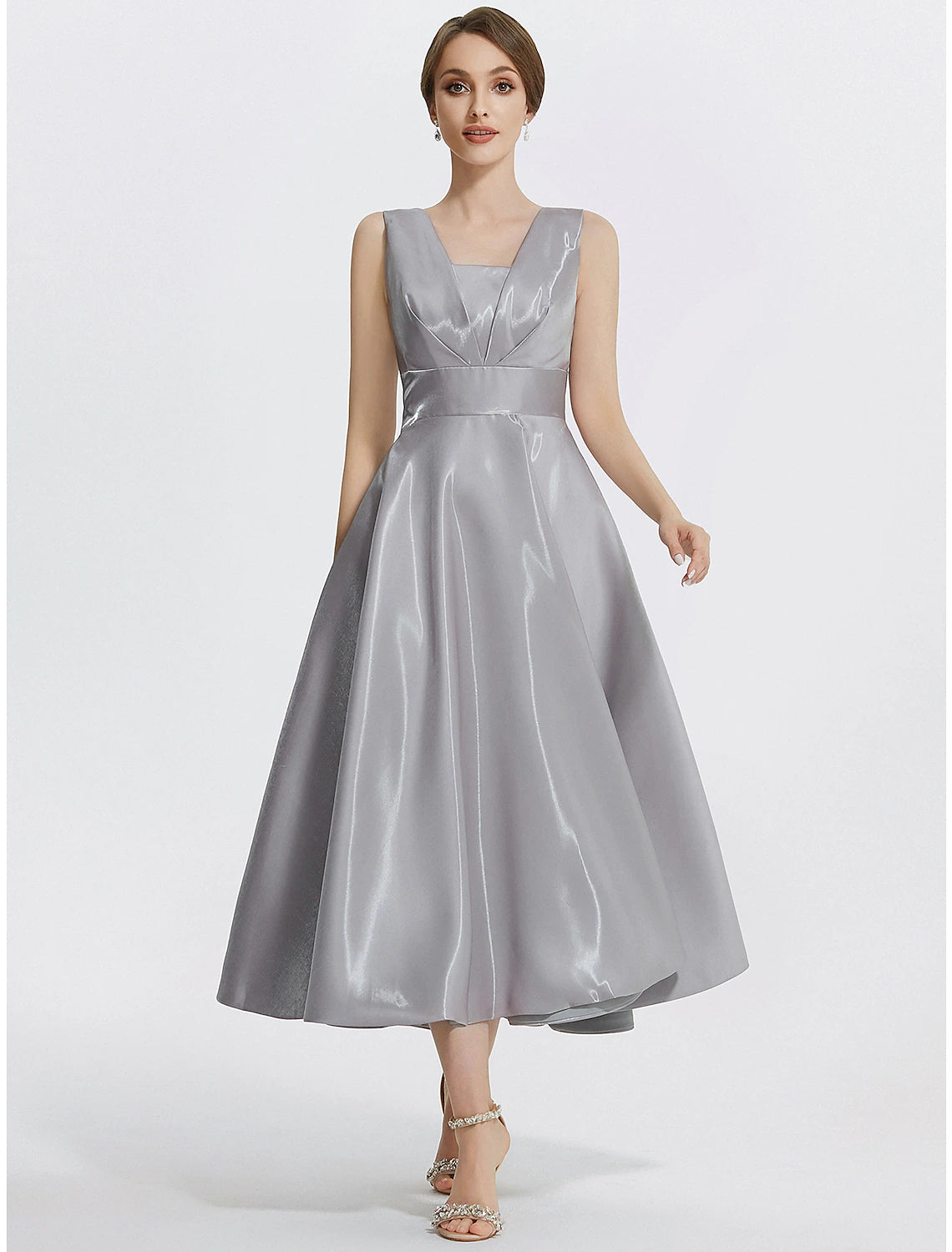 Elegant Silver Satin A-Line Square V-Neck Sleeveless Sweetheart Zip Back Tea-Length Cocktail Dress