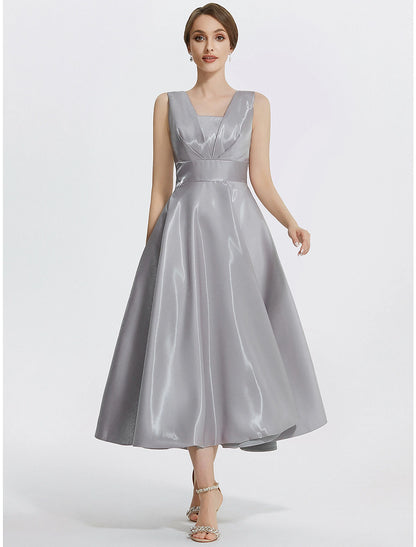 Elegant Silver Satin A-Line Square V-Neck Sleeveless Sweetheart Zip Back Tea-Length Cocktail Dress