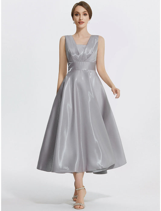 Elegant Silver Satin A-Line Square V-Neck Sleeveless Sweetheart Zip Back Tea-Length Cocktail Dress