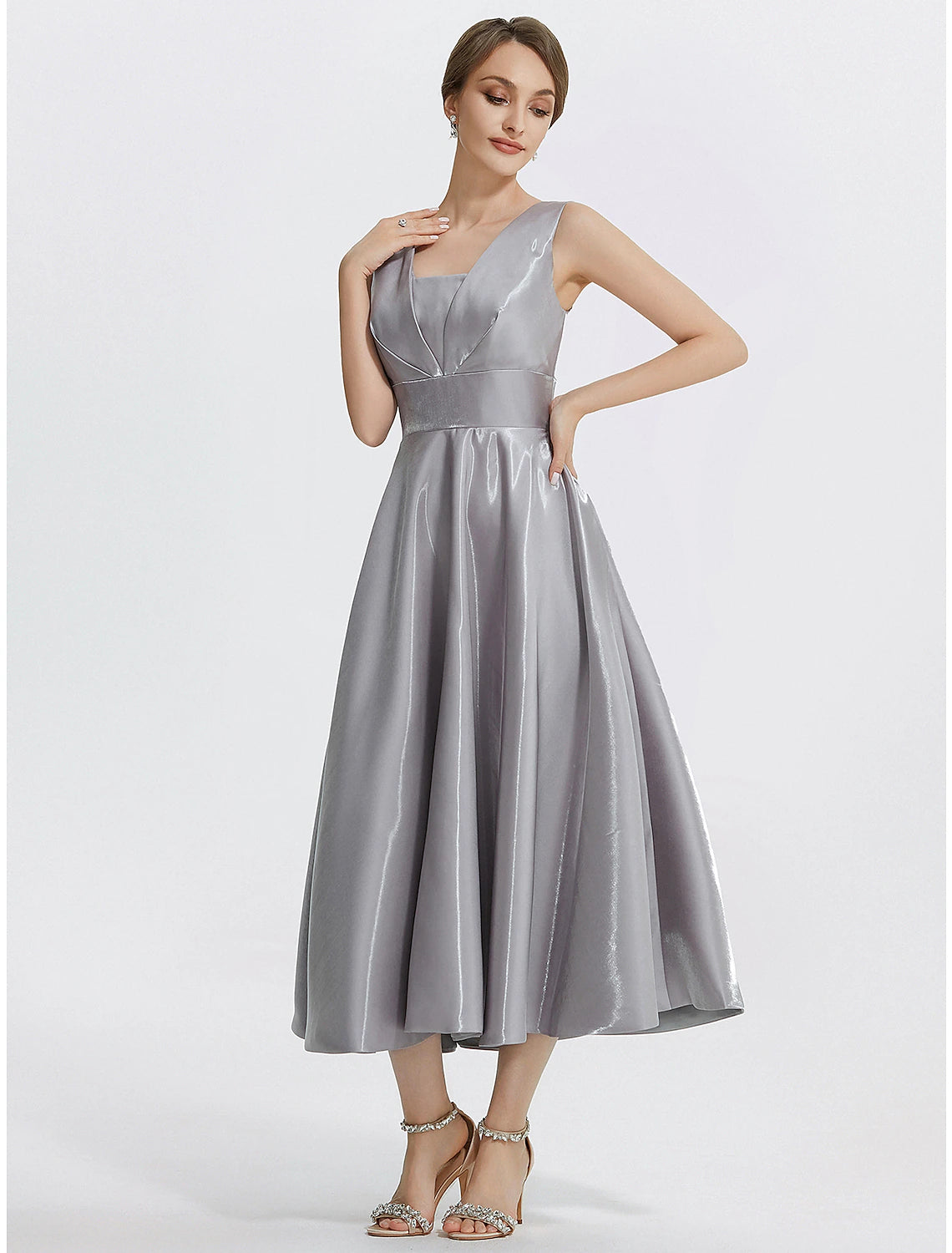 Elegant Silver Satin A-Line Square V-Neck Sleeveless Sweetheart Zip Back Tea-Length Cocktail Dress